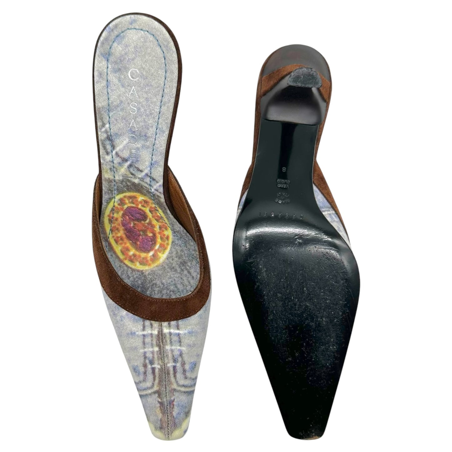 Casadei Denim Print Brown Suede Kitten Heel Mules