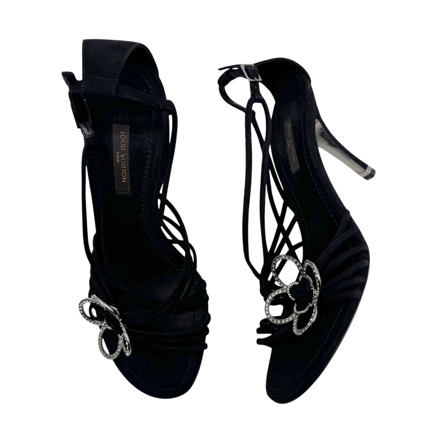 Louis Vuitton Black Strappy Crystal Flower Logo Sandal Heels