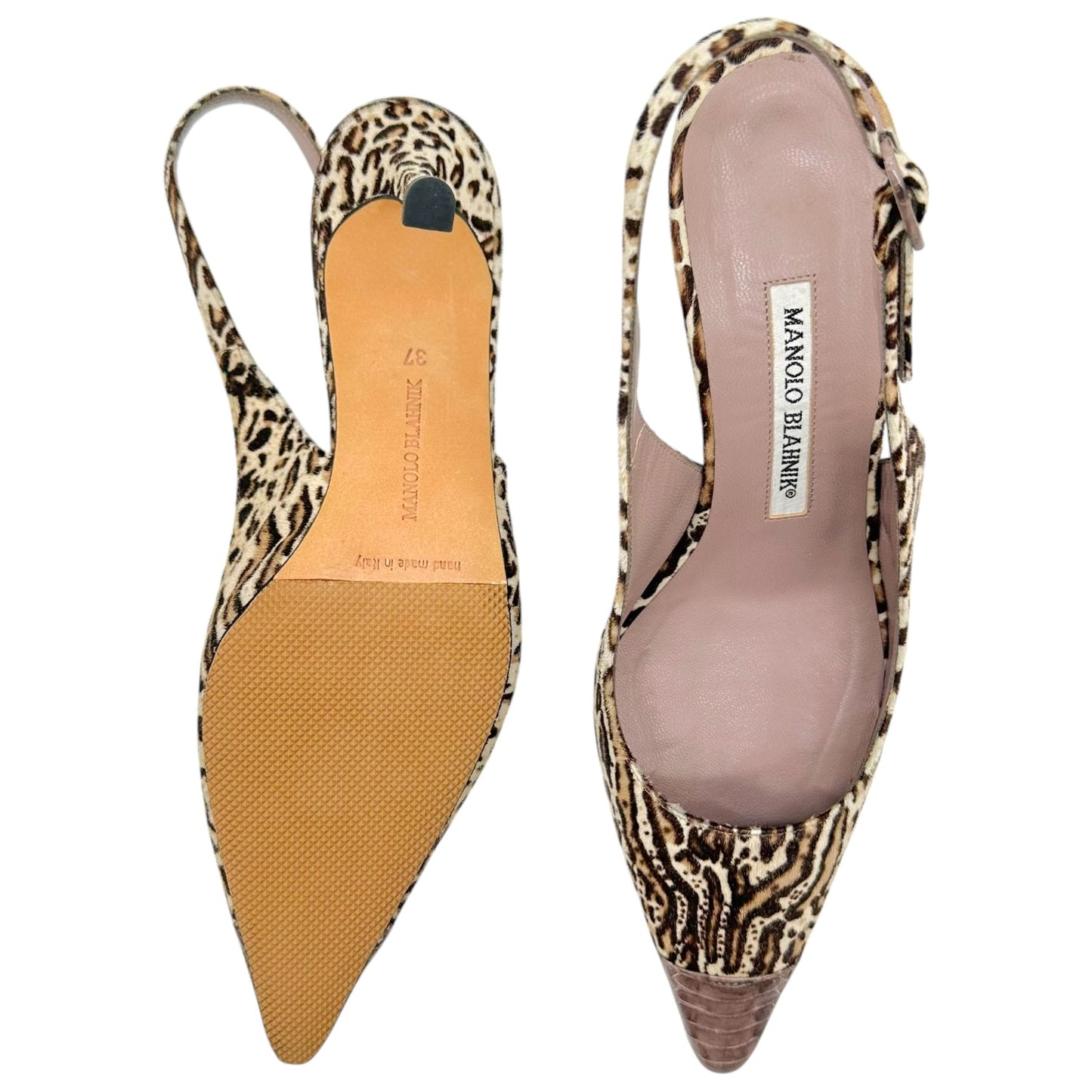 Manolo Blahnik Leopard Print Ponyhair & Snakeskin Slingback Heels