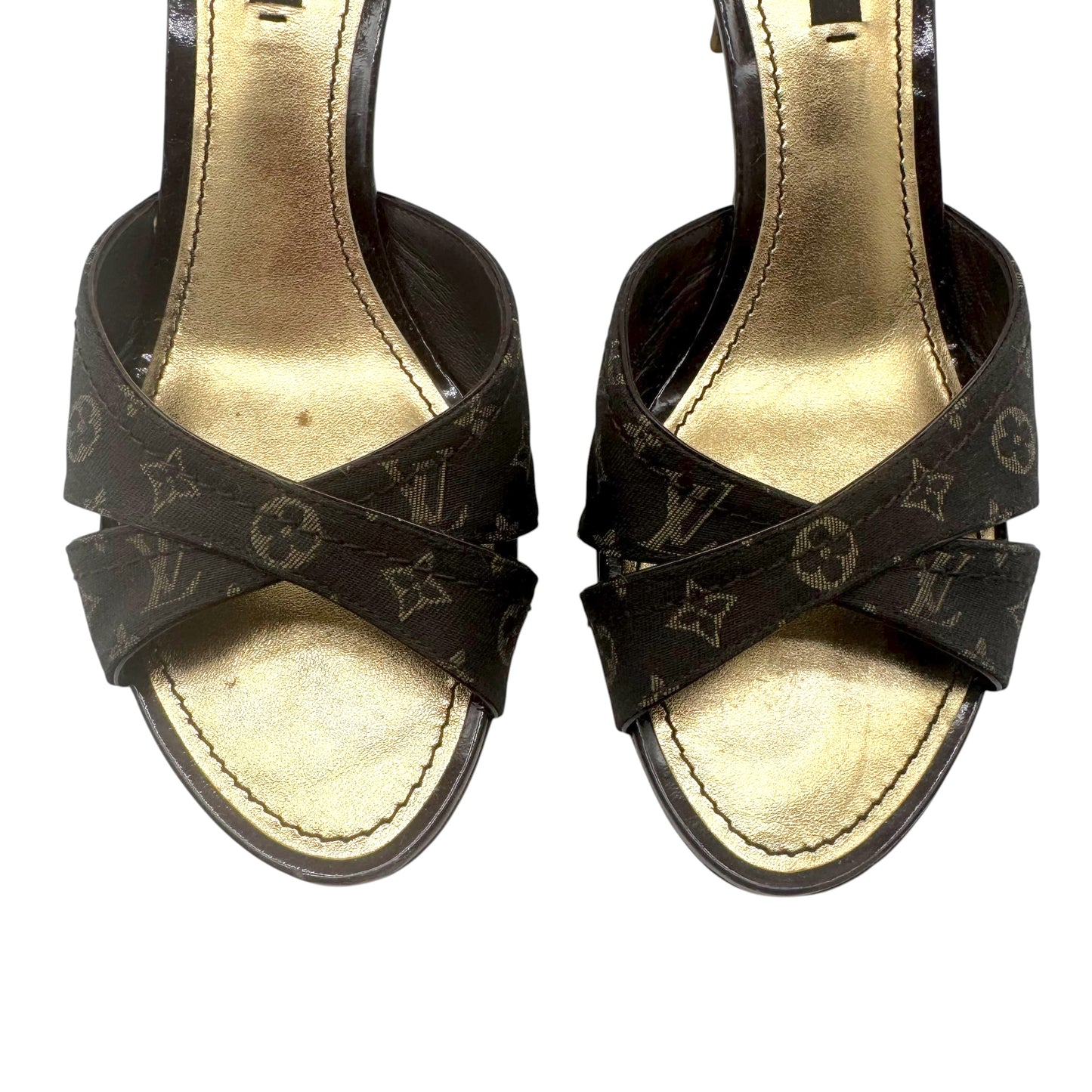 Louis Vuitton Brown Lin Monogram Kitten Heel Mules