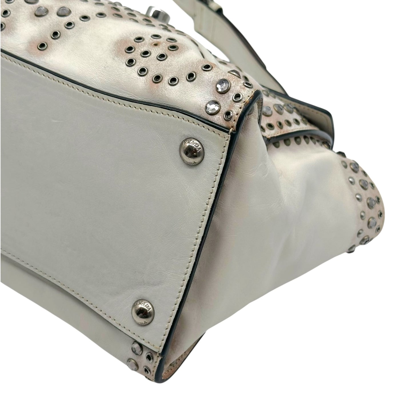 Prada White Leather Studded & Rhinestone Embellished 2-Way Bag