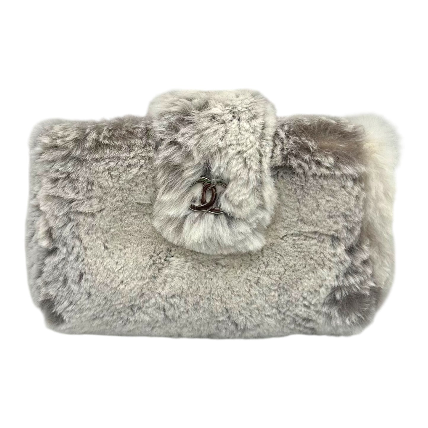 Chanel Gray Rabbit Fur Logo Clutch
