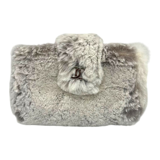 Chanel Gray Rabbit Fur Logo Clutch