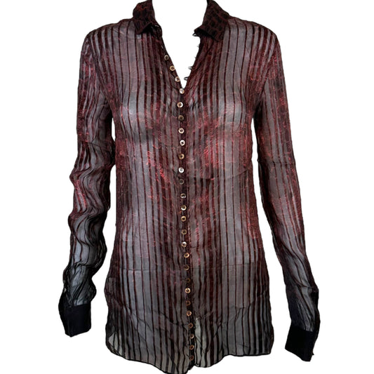 Roberto Cavalli Fall 2011 Red & Black Button Back Sheer Silk Blouse