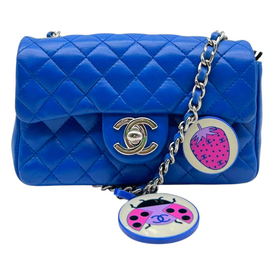 Chanel Cobalt Blue & Silver Matelasse Ladybug Charm Extra Mini Flap 2003-04