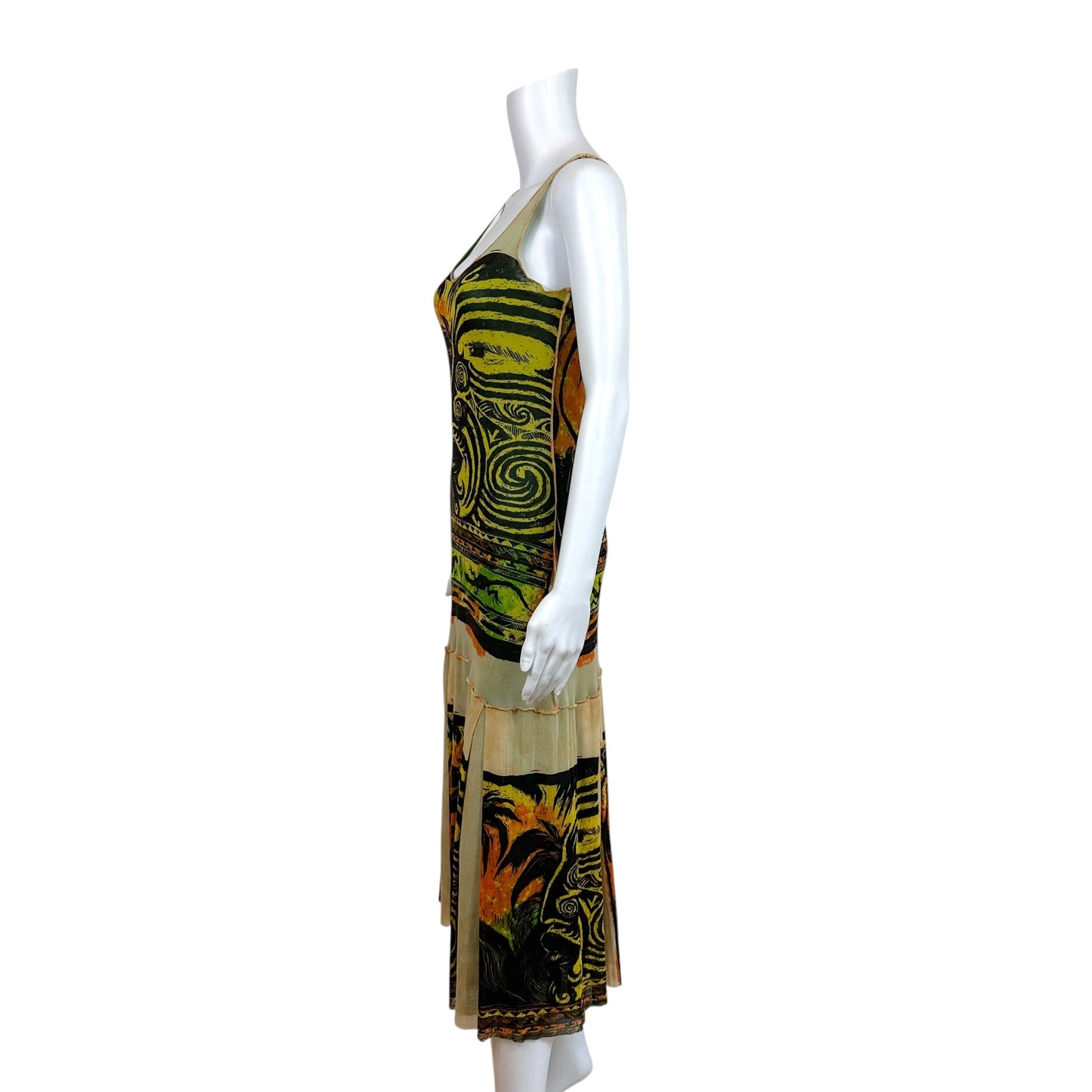 Jean Paul Gaultier S/S 1994 Tribal Inspired Printed Mesh Midi Dress