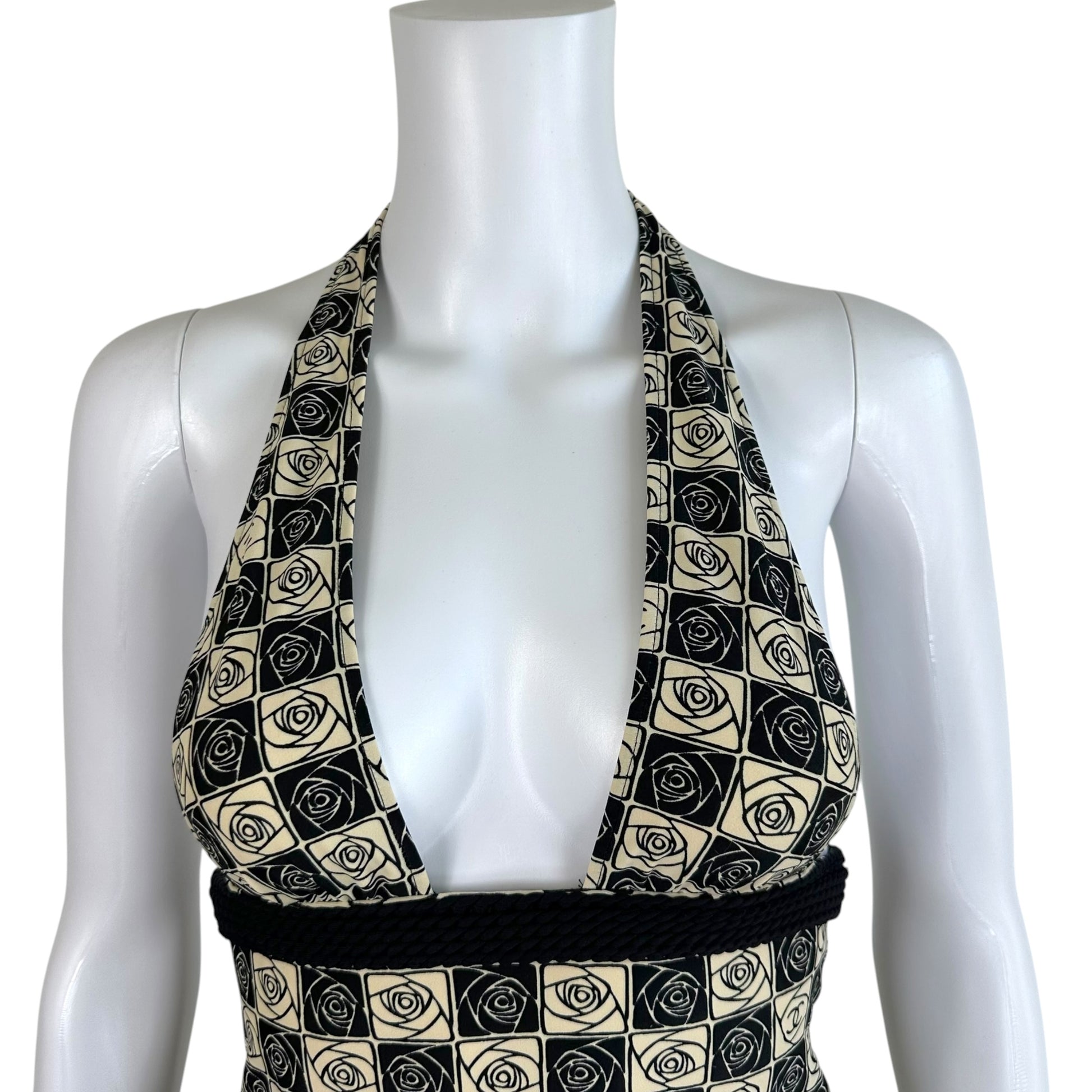 Chanel Halter Mini Dress Black Beige Camellia Print