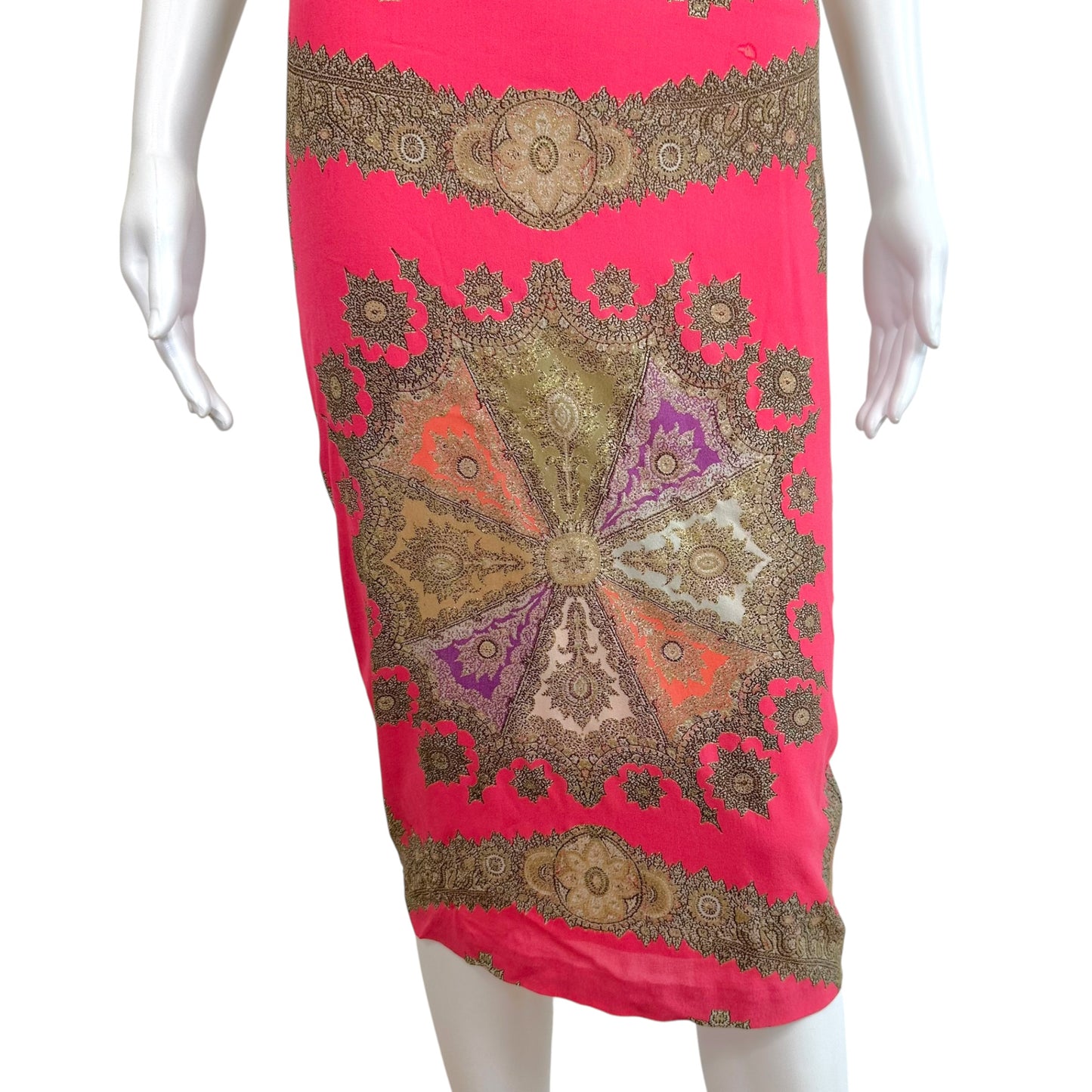 Roberto Cavalli 2004 Pink & Gold Printed Silk Midi Dress