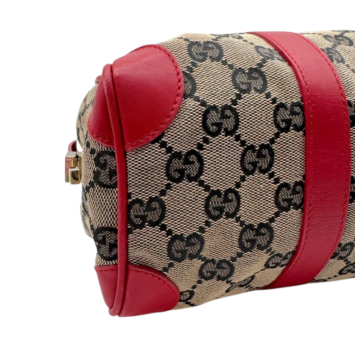 Gucci Gray Monogram & Red Leather Boston Bag - Outfit Repeater