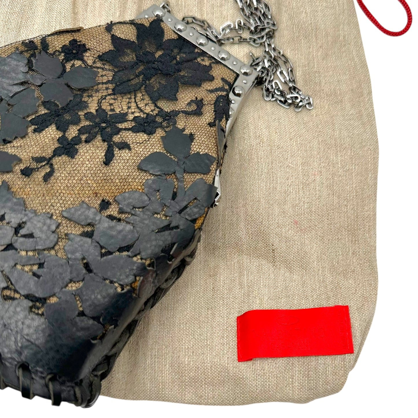 Valentino Garavani Black Lace Leather Applique Evening Bag