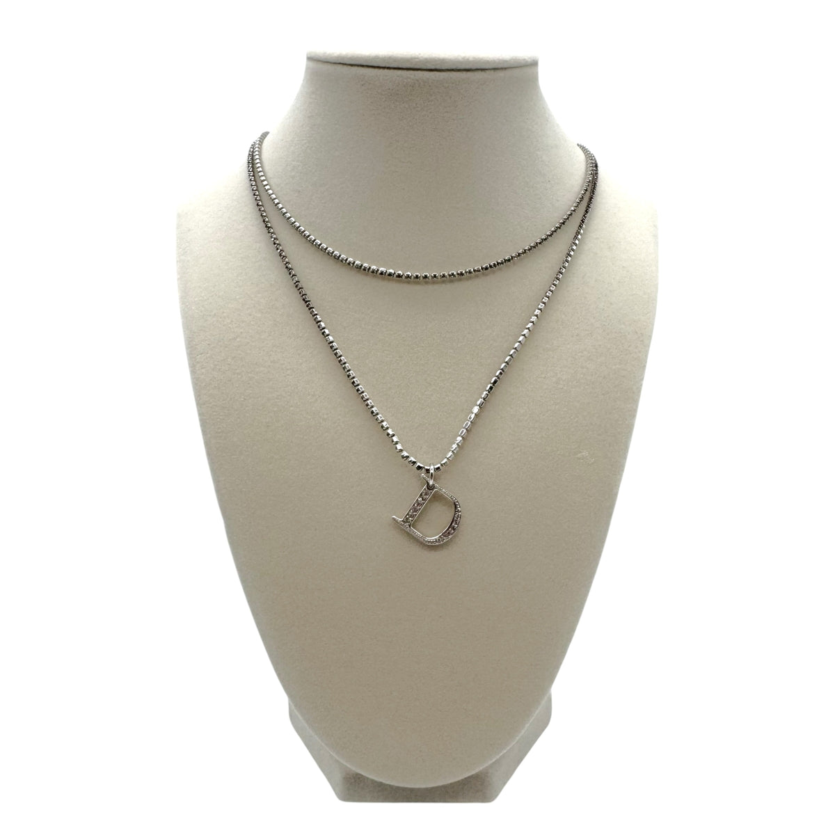 Christian Dior Silver Rhinestone Double Strand Logo Necklace