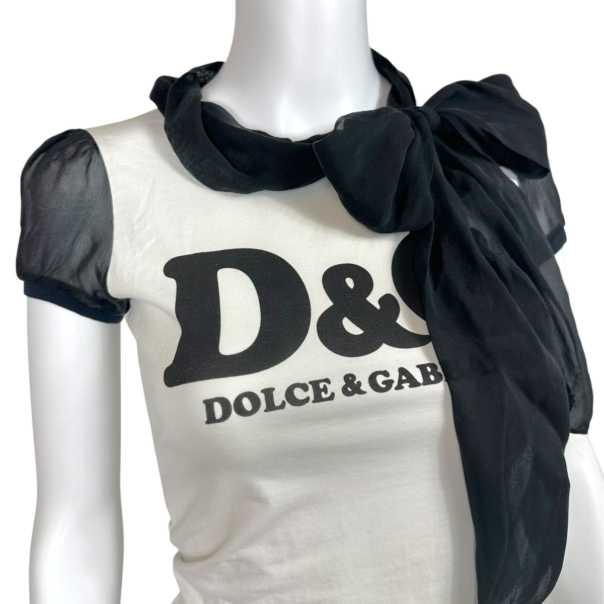 D&G Dolce & Gabbana Silk Tie-Neck Black & White Logo T-Shirt