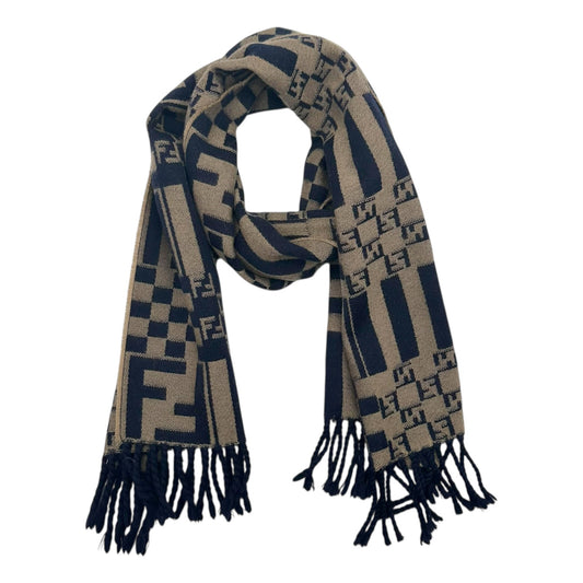 Fendi Navy Blue & Tan Checkered & Monogram Wool Scarf