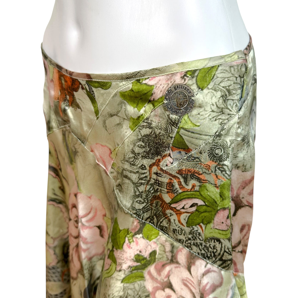 Galliano Silk Midi Skirt Light Green Floral Print