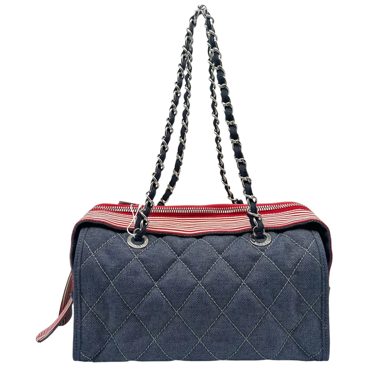 Chanel Blue Denim Red Striped Bowler Shoulder Bag