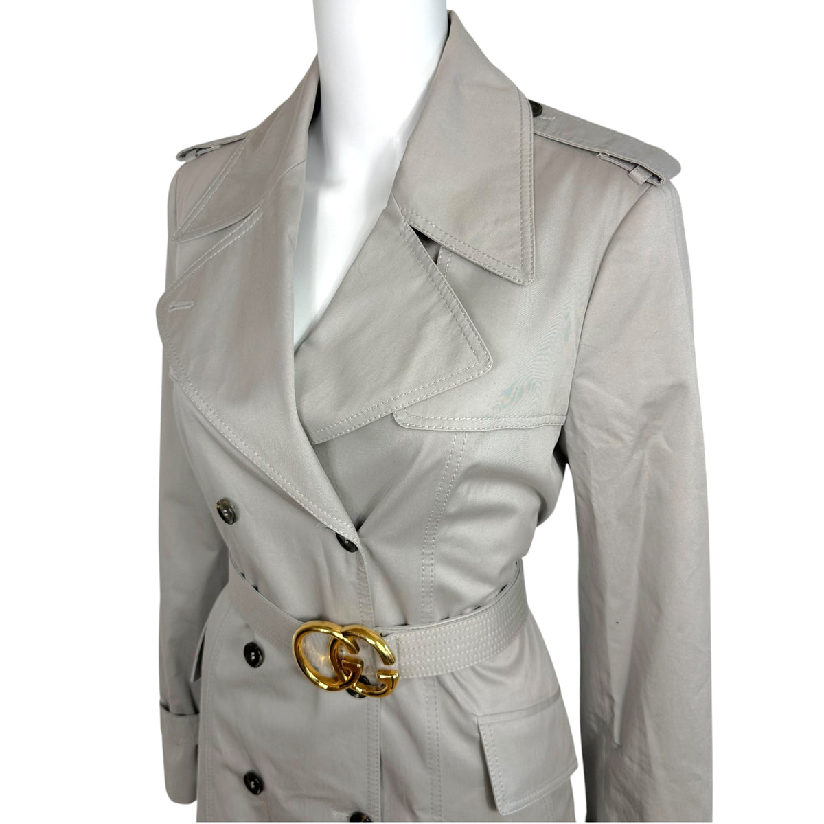 Gucci Light Gray Trench Coat with Gold GG Logo Belt