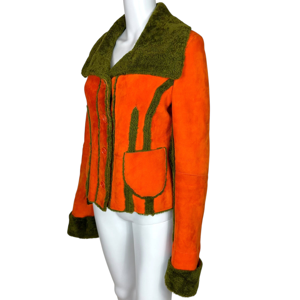 Etro Shearling Jacket Orange Khaki Green Button-Up