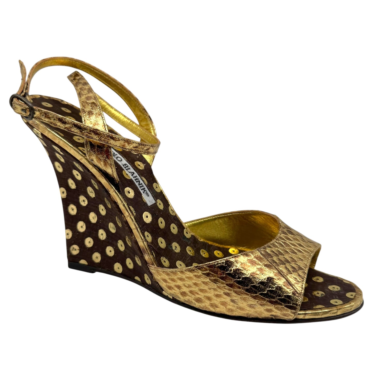 Manolo Blahnik Gold Python & Brown Cork Polka Dot Wedge Sandal Heels