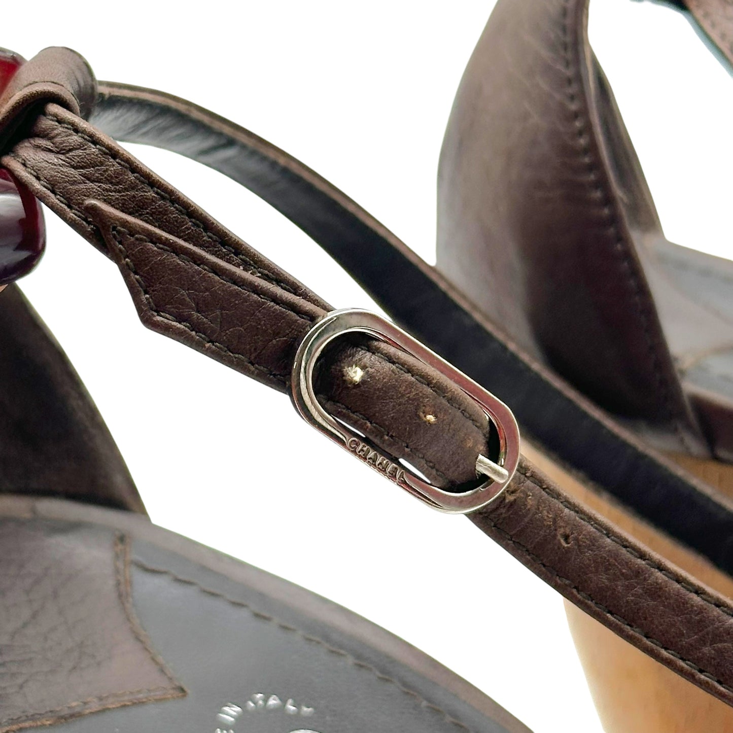 Chanel Brown Leather CC Logo Wooden Platform Heeled Sandals