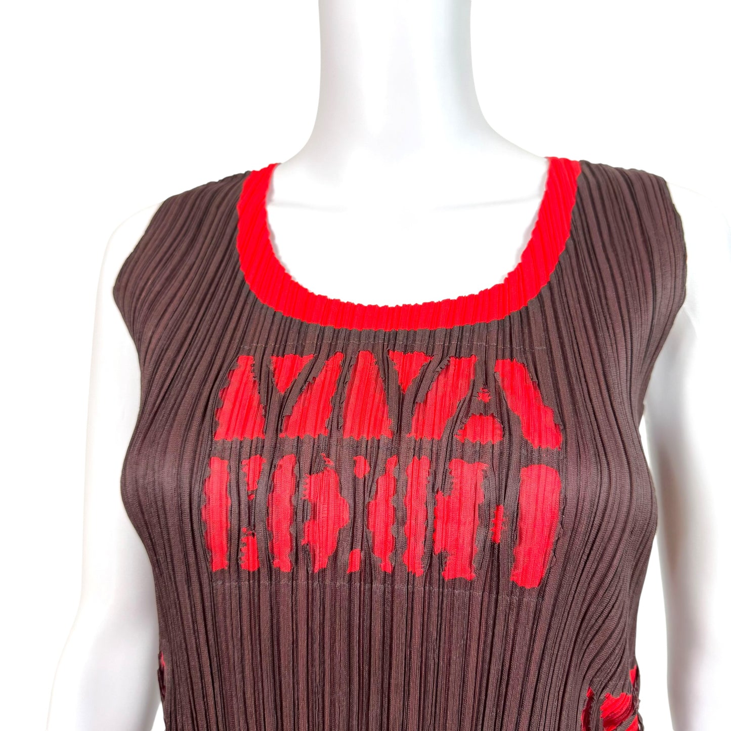 Issey Miyake Pleats Please Brown & Red 'Viva Mexico" Cut-Out Pleated Mini Dress Sz 5