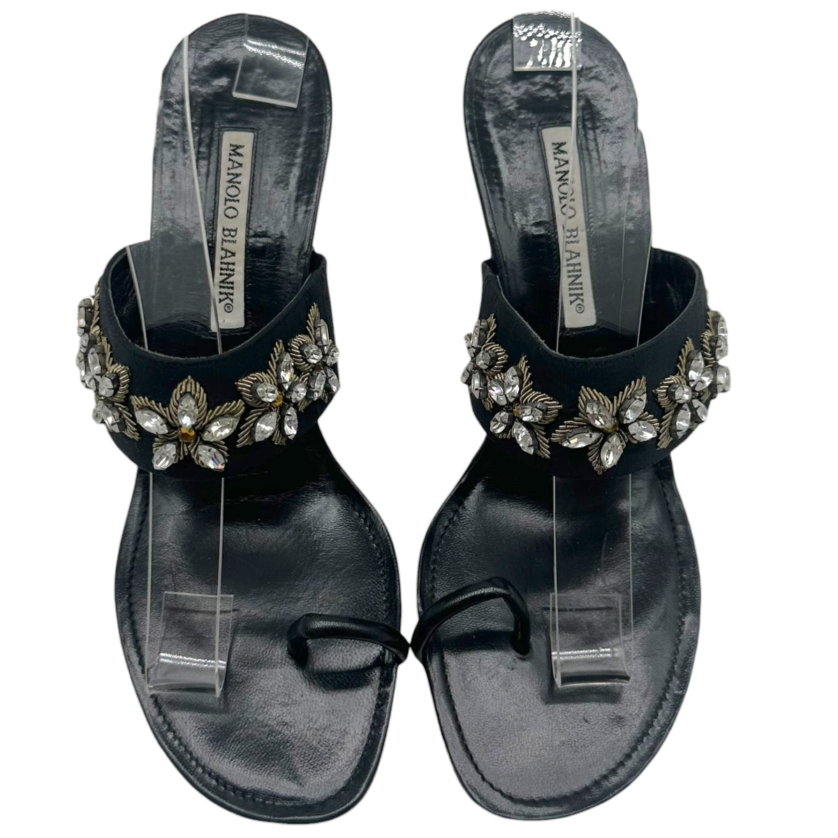 Manolo Blahnik Black Beaded Strap Kitten Heel Sandals