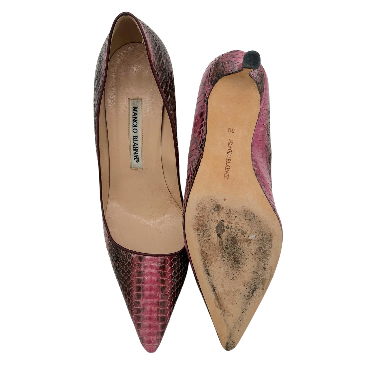 Manolo Blahnik Pink & Black Snakeskin Pointed Toe Heels - Outfit Repeater
