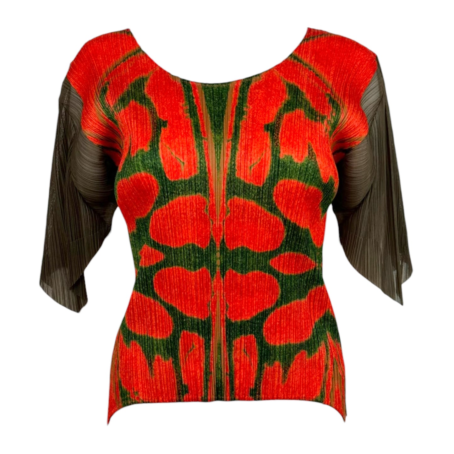 Issey Miyake Pleats Please Red & Green Patterned Batwing Sleeve Pleated Top