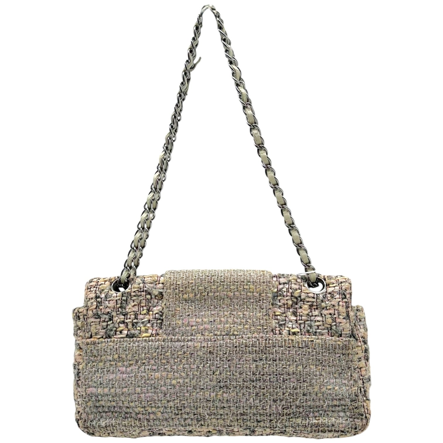 Chanel Medium Flap Shoulder Bag Silver Metallic Pastel Tweed
