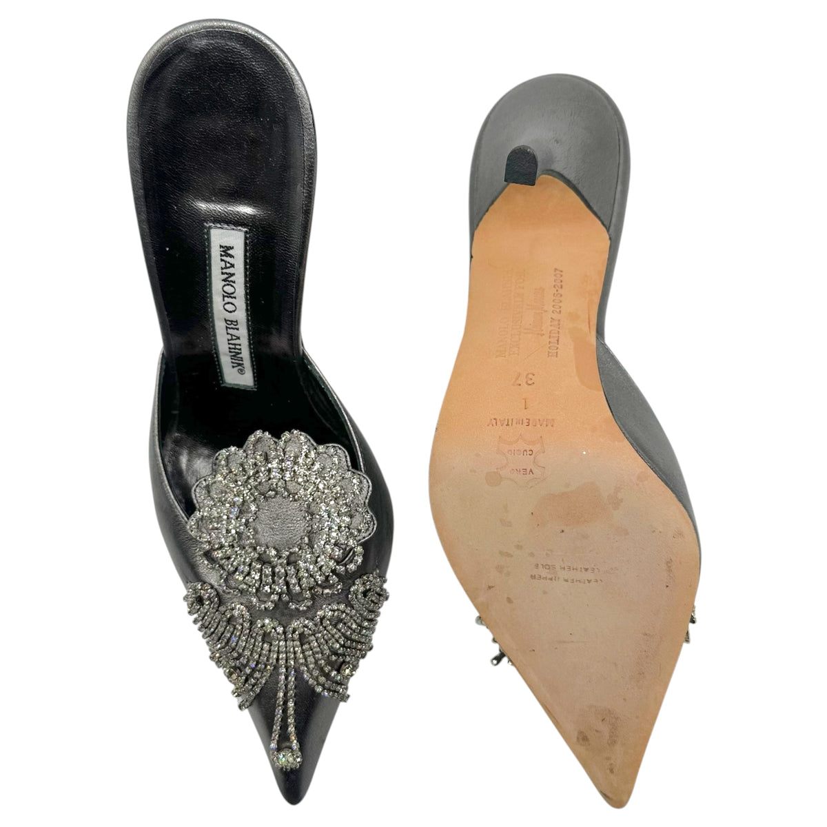 Manolo Blahnik Silver Leather & Crystal Embellished Mule Heels
