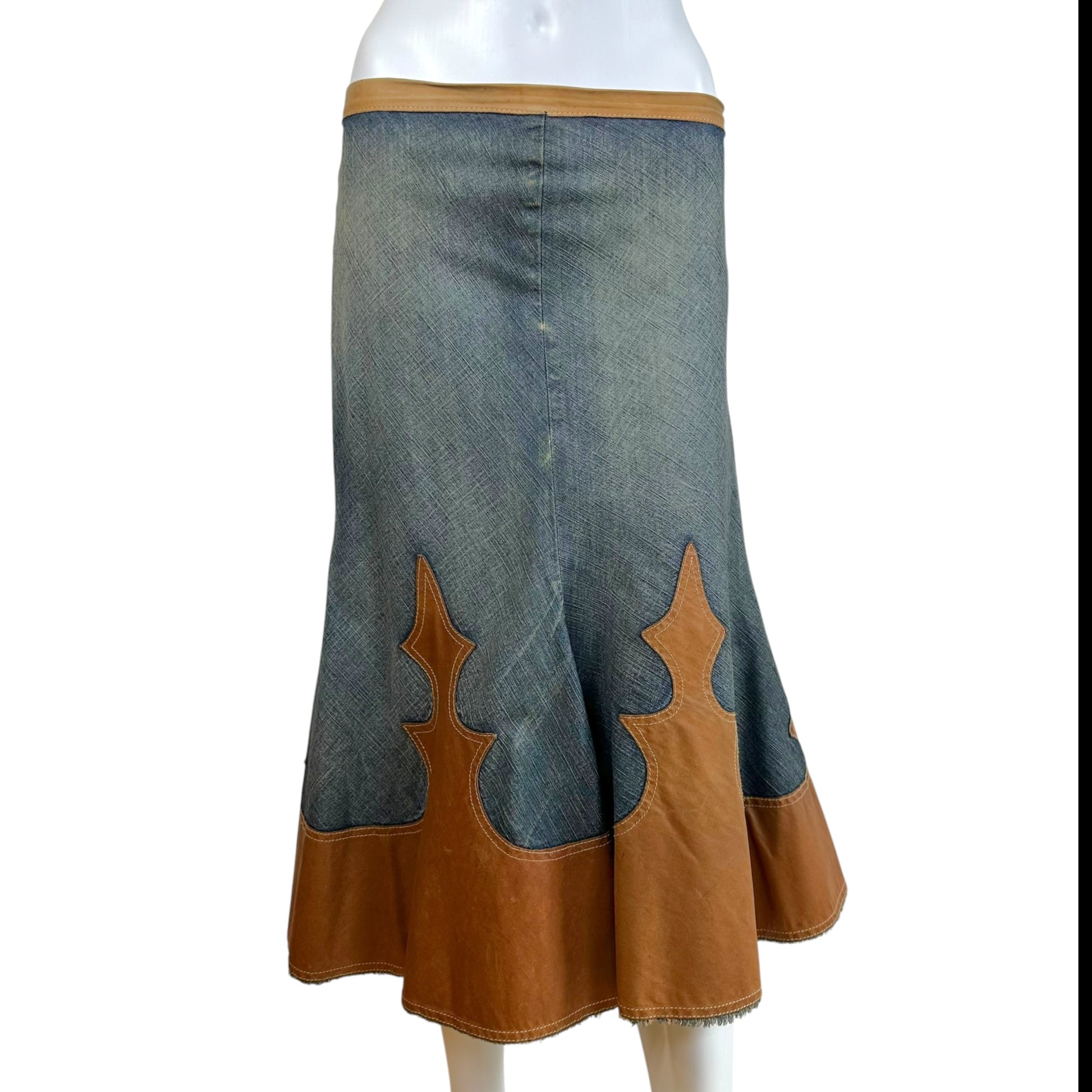 Dsquared2 Denim Tan Leather Patchwork Western Midi Skirt