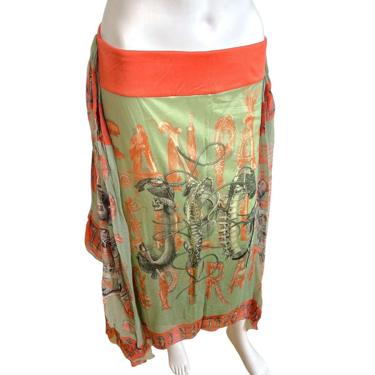 Jean Paul Gaultier Teal & Orange Printed Silk Flowy Midi Skirt