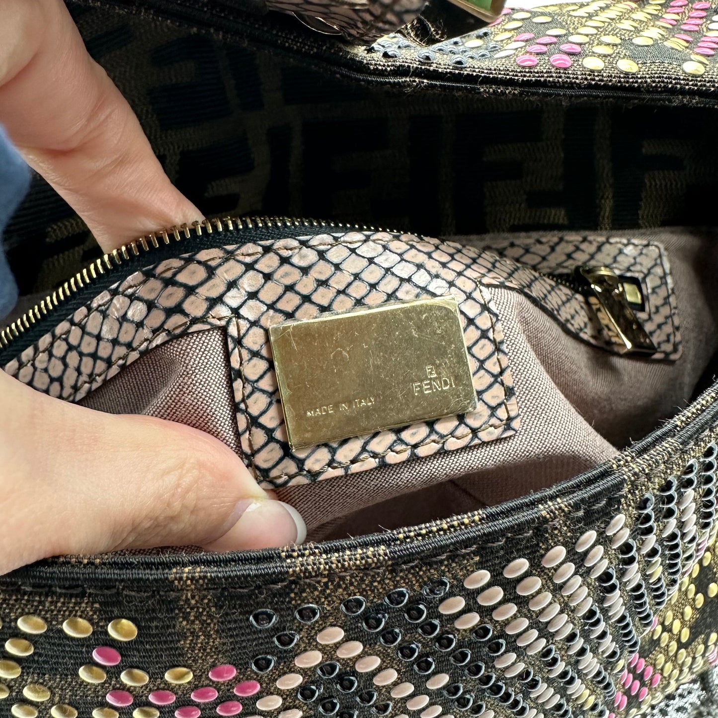 Fendi Pink Python Trim Studded Zucca Baguette Bag