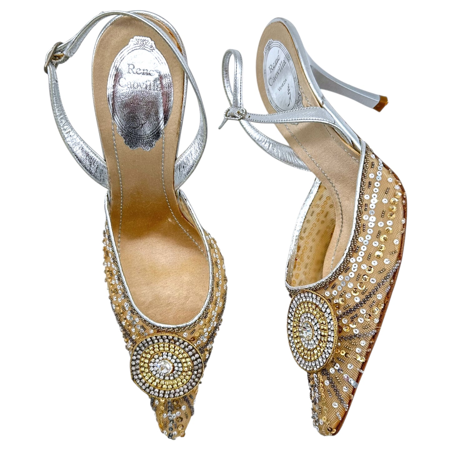 Rene Caovilla Pointed Toe Slingback Heels Gold Silver