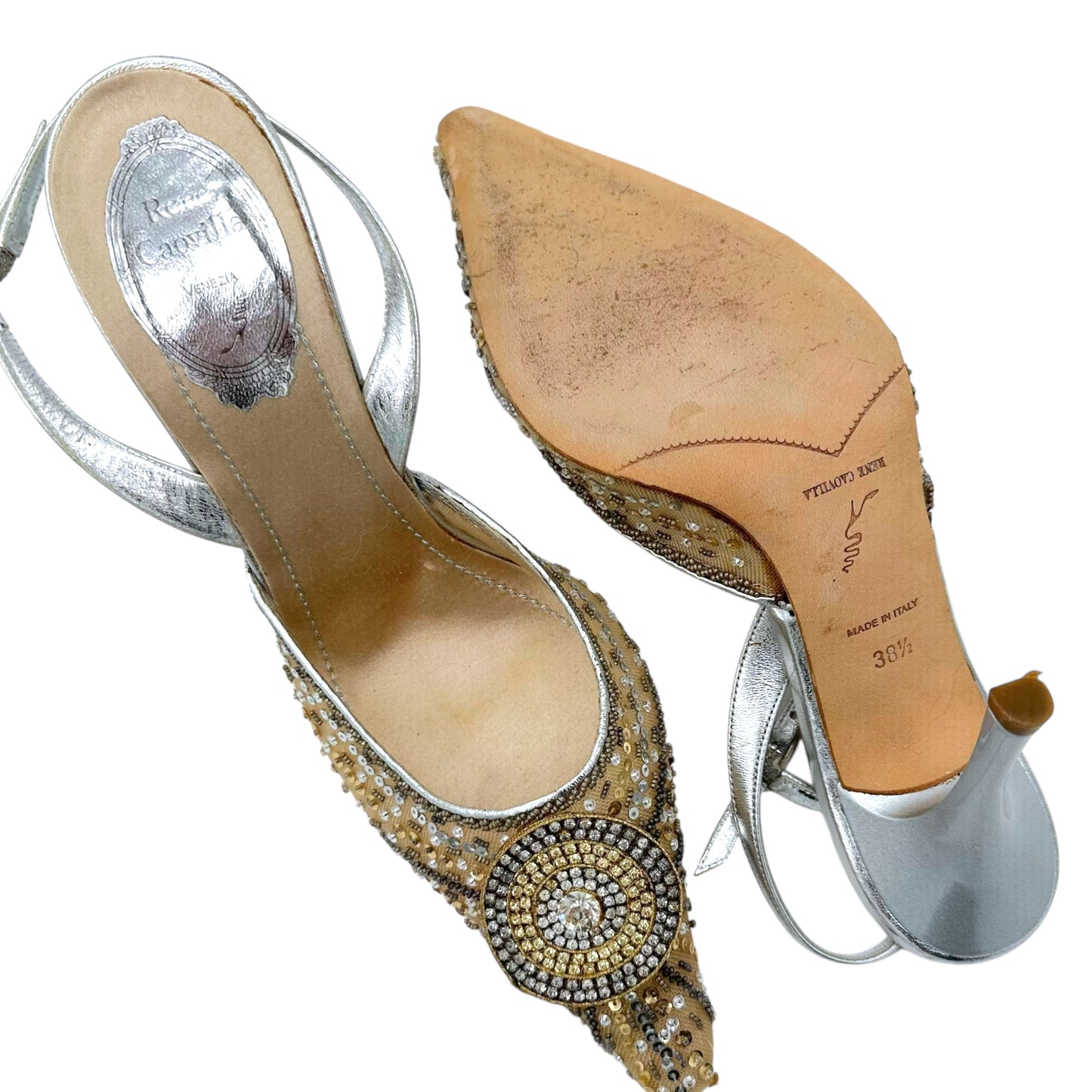 Rene Caovilla Pointed Toe Slingback Heels Gold Silver