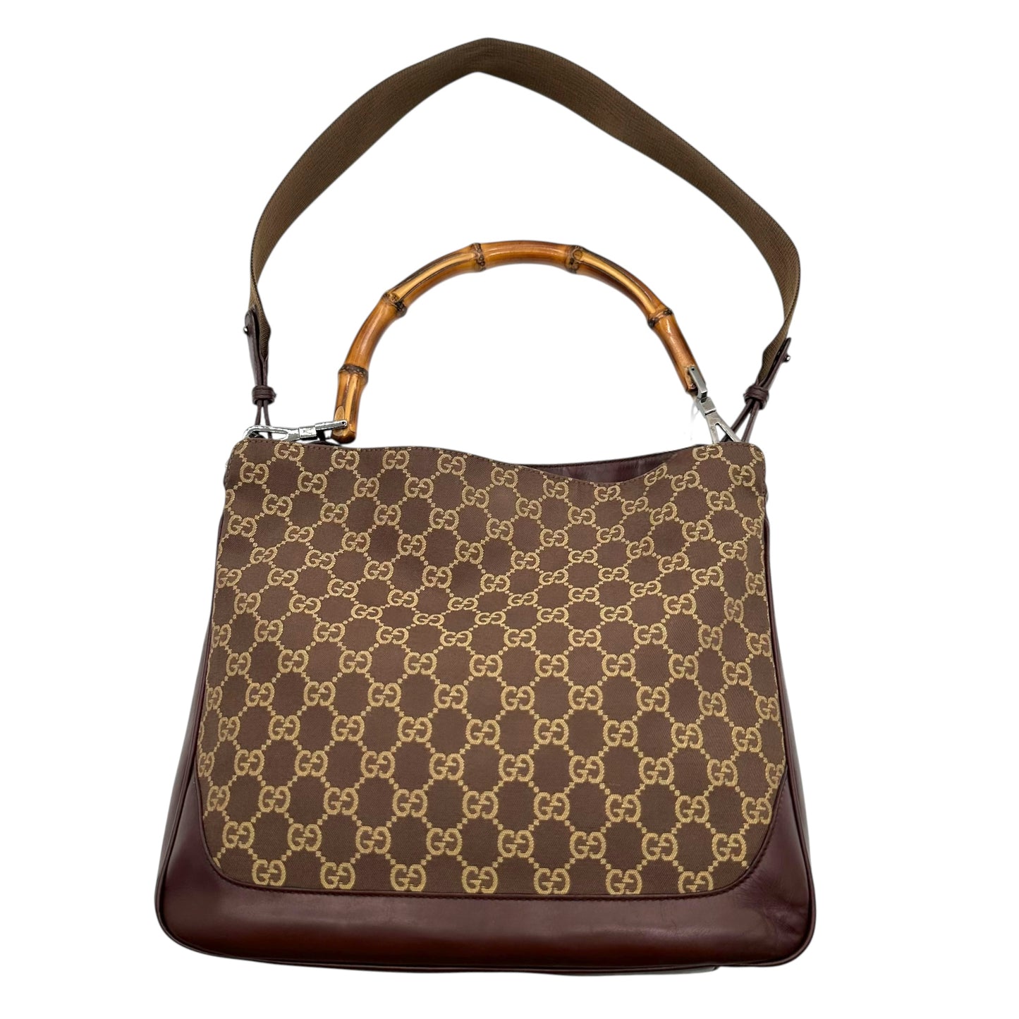 Gucci Brown Monogram Bamboo Strap 2-Way Hobo Bag - Outfit Repeater