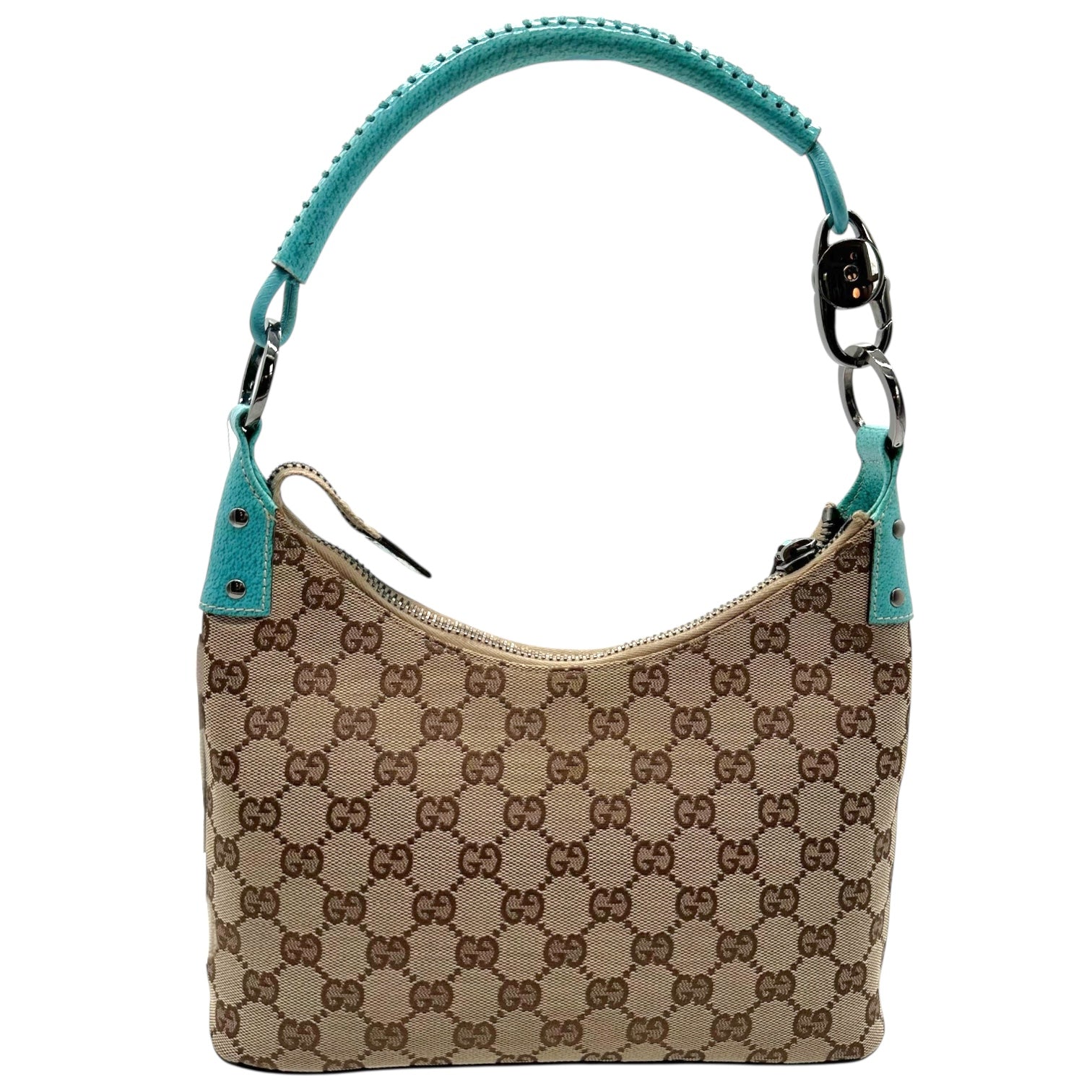 Gucci Tan Monogram & Teal Blue Leather Trim Shoulder Bag - Outfit Repeater