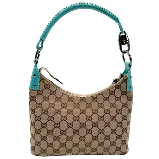 Gucci Tan Monogram & Teal Blue Leather Trim Shoulder Bag - Outfit Repeater