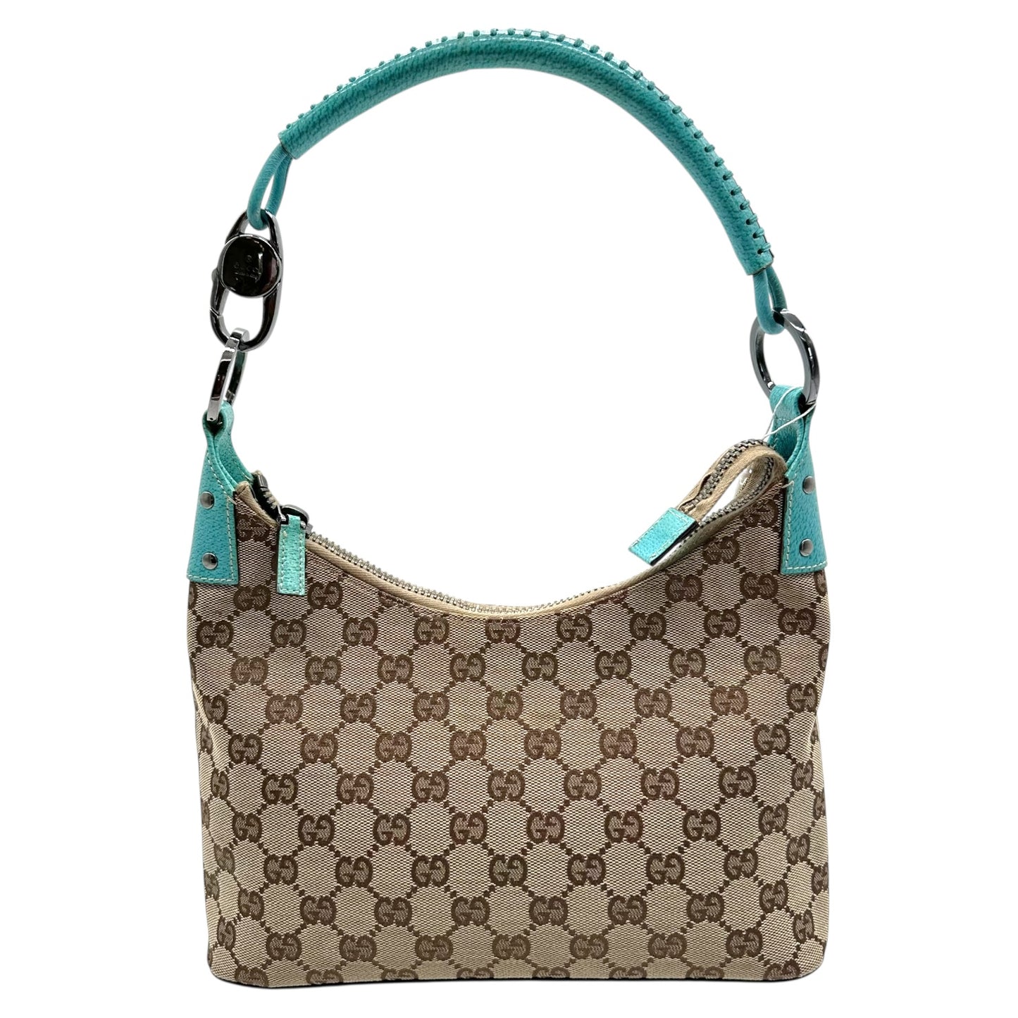 Gucci Tan Monogram & Teal Blue Leather Trim Shoulder Bag - Outfit Repeater