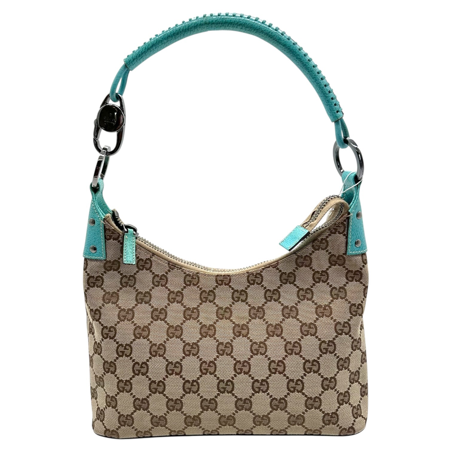 Gucci Tan Monogram & Teal Blue Leather Trim Shoulder Bag - Outfit Repeater