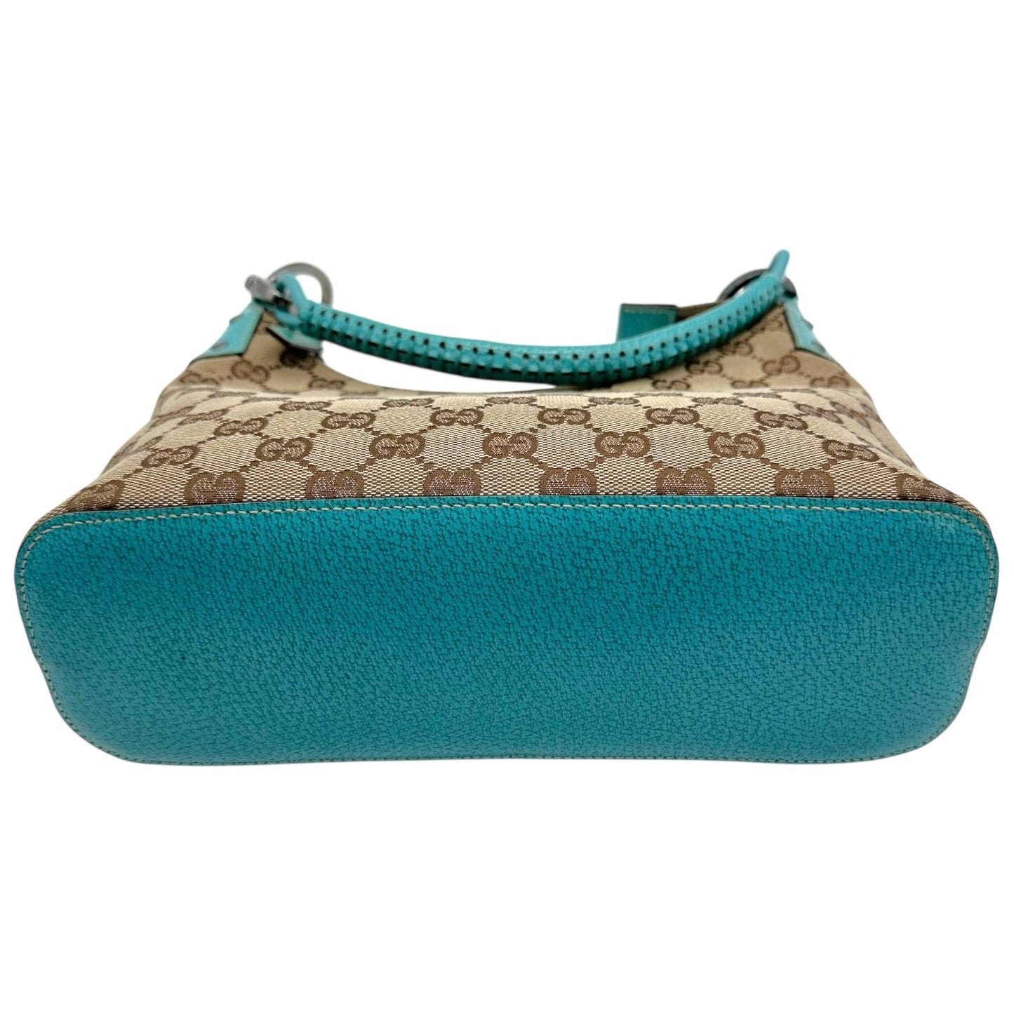 Gucci Tan Monogram & Teal Blue Leather Trim Shoulder Bag - Outfit Repeater