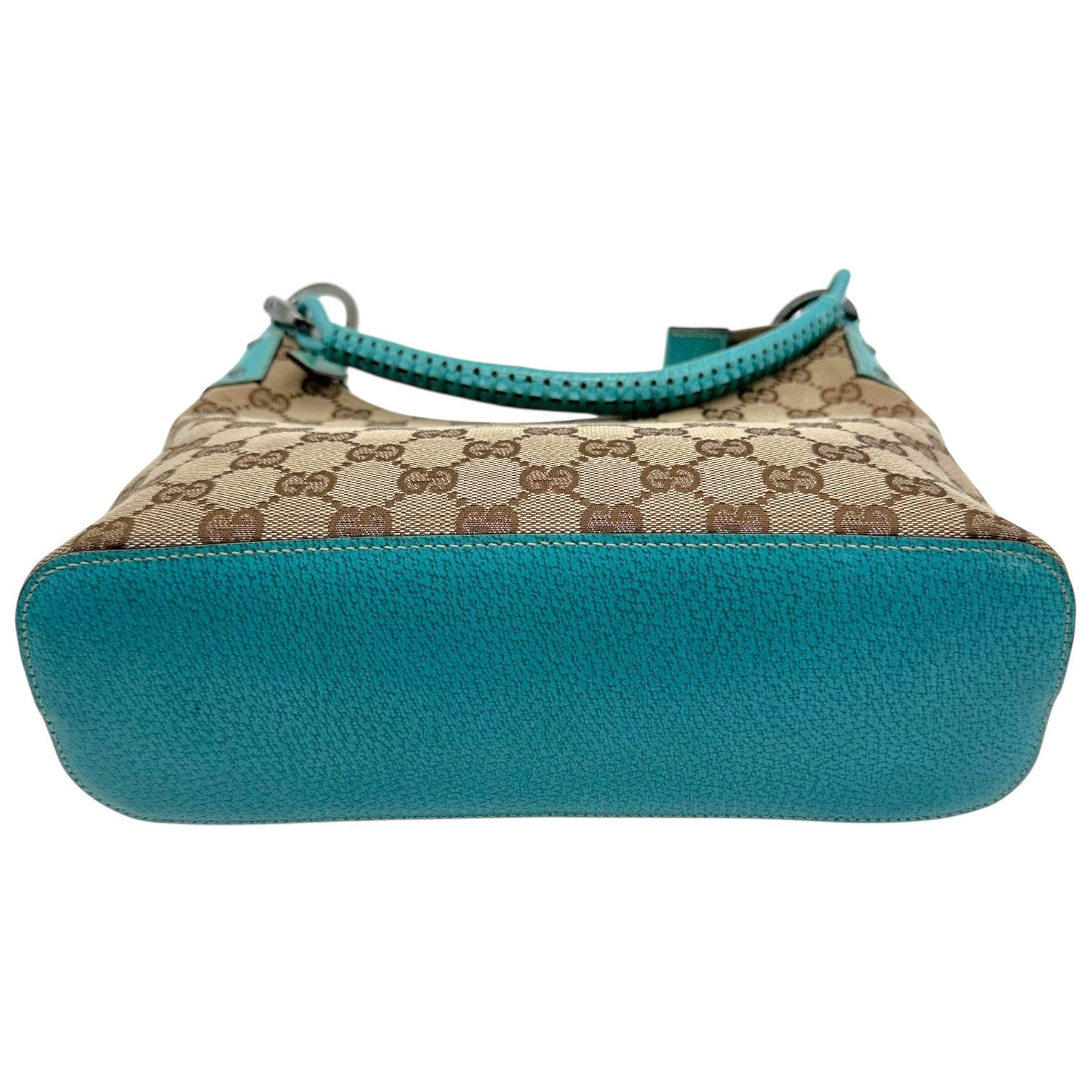 Gucci Tan Monogram & Teal Blue Leather Trim Shoulder Bag - Outfit Repeater