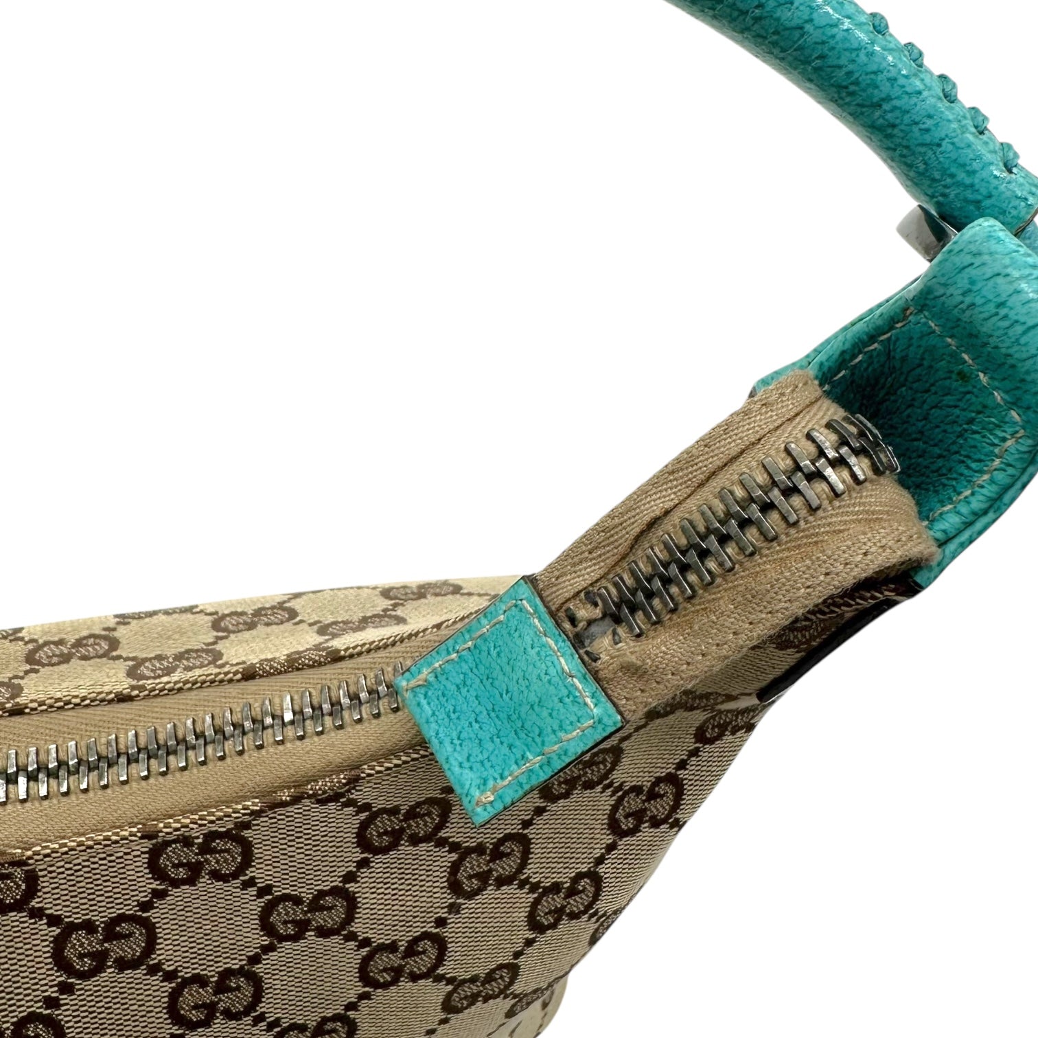 Gucci Tan Monogram & Teal Blue Leather Trim Shoulder Bag - Outfit Repeater