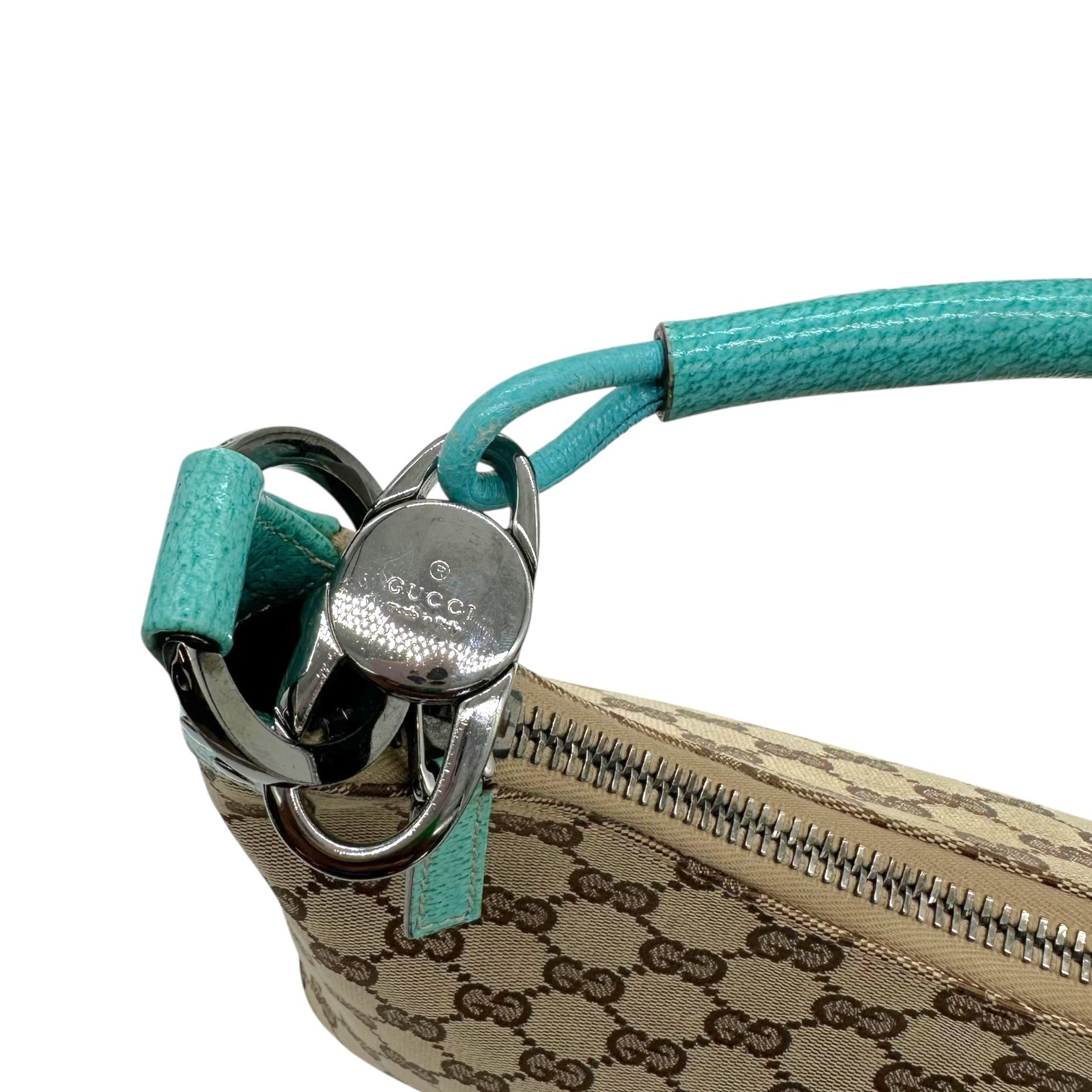Gucci Tan Monogram & Teal Blue Leather Trim Shoulder Bag - Outfit Repeater