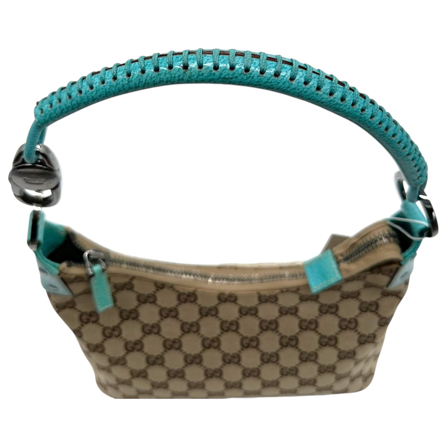 Gucci Tan Monogram & Teal Blue Leather Trim Shoulder Bag - Outfit Repeater