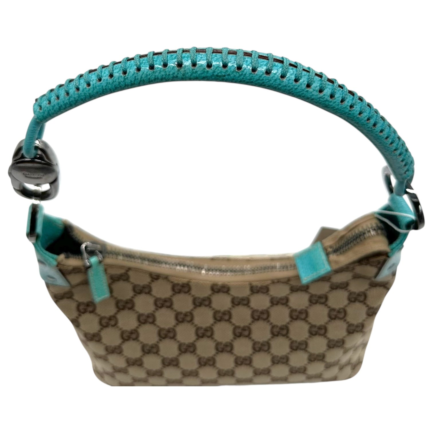 Gucci Tan Monogram & Teal Blue Leather Trim Shoulder Bag - Outfit Repeater