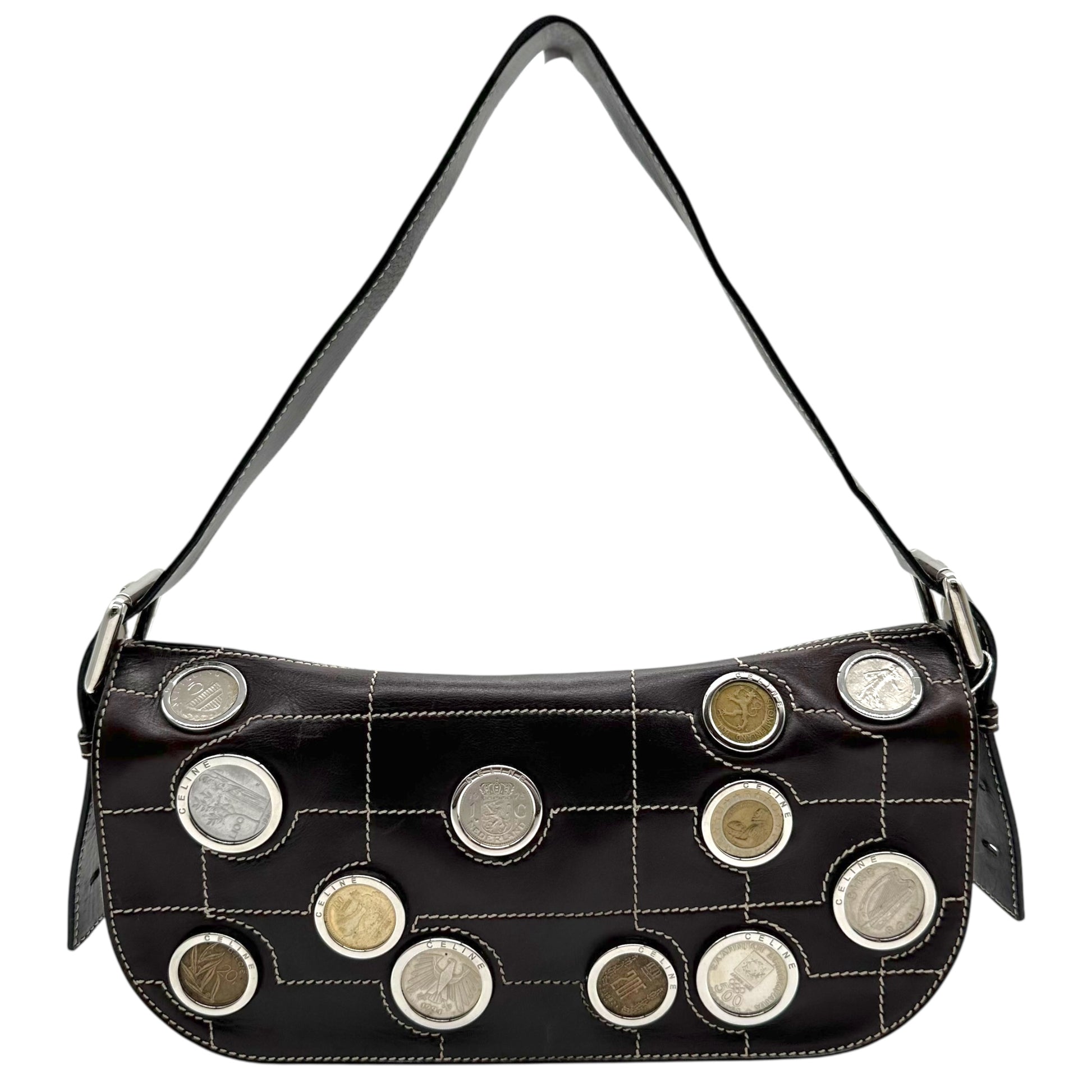 Celine 2002 Brown Eurodyssey Coin Embellished Shoulder Bag RARE - Outfit Repeater
