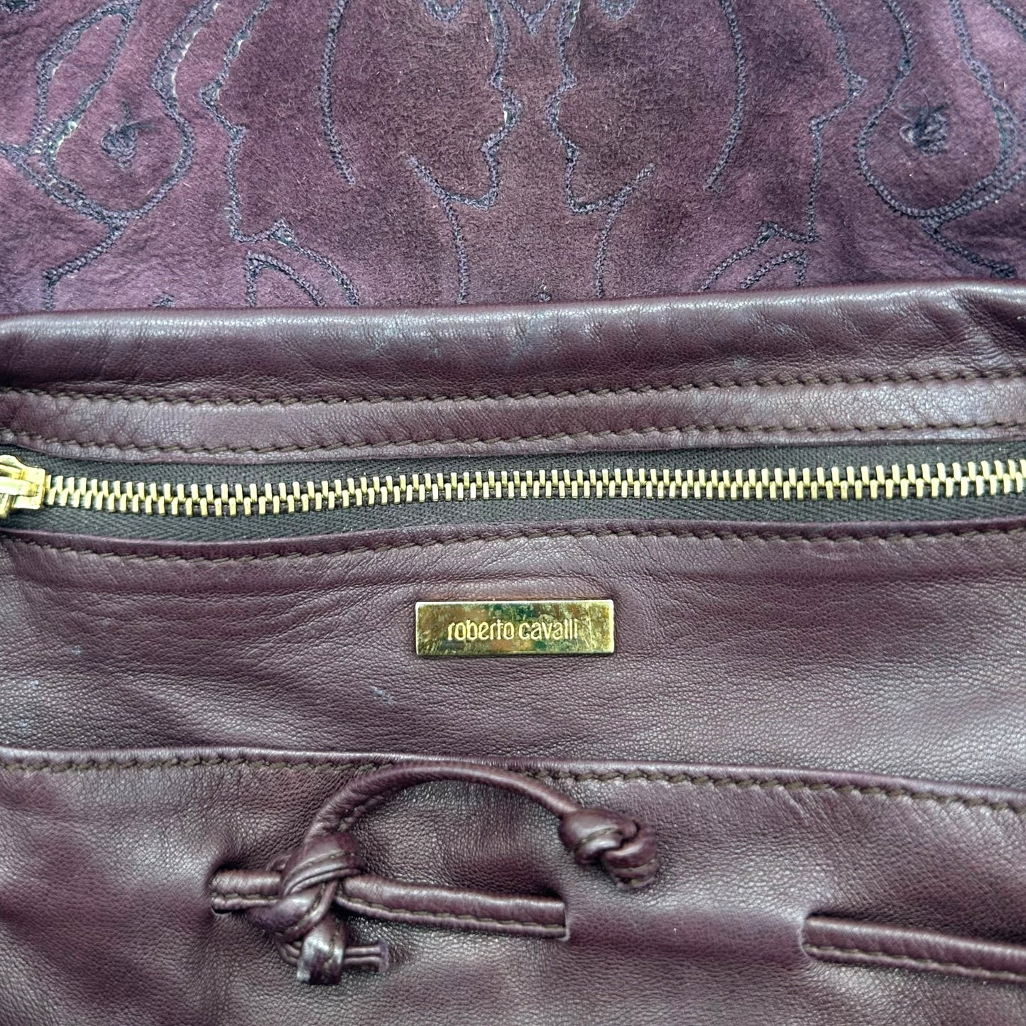 Just Cavalli Roberto Cavalli Burgundy Leather & Velvet Slouchy Shoulder Bag