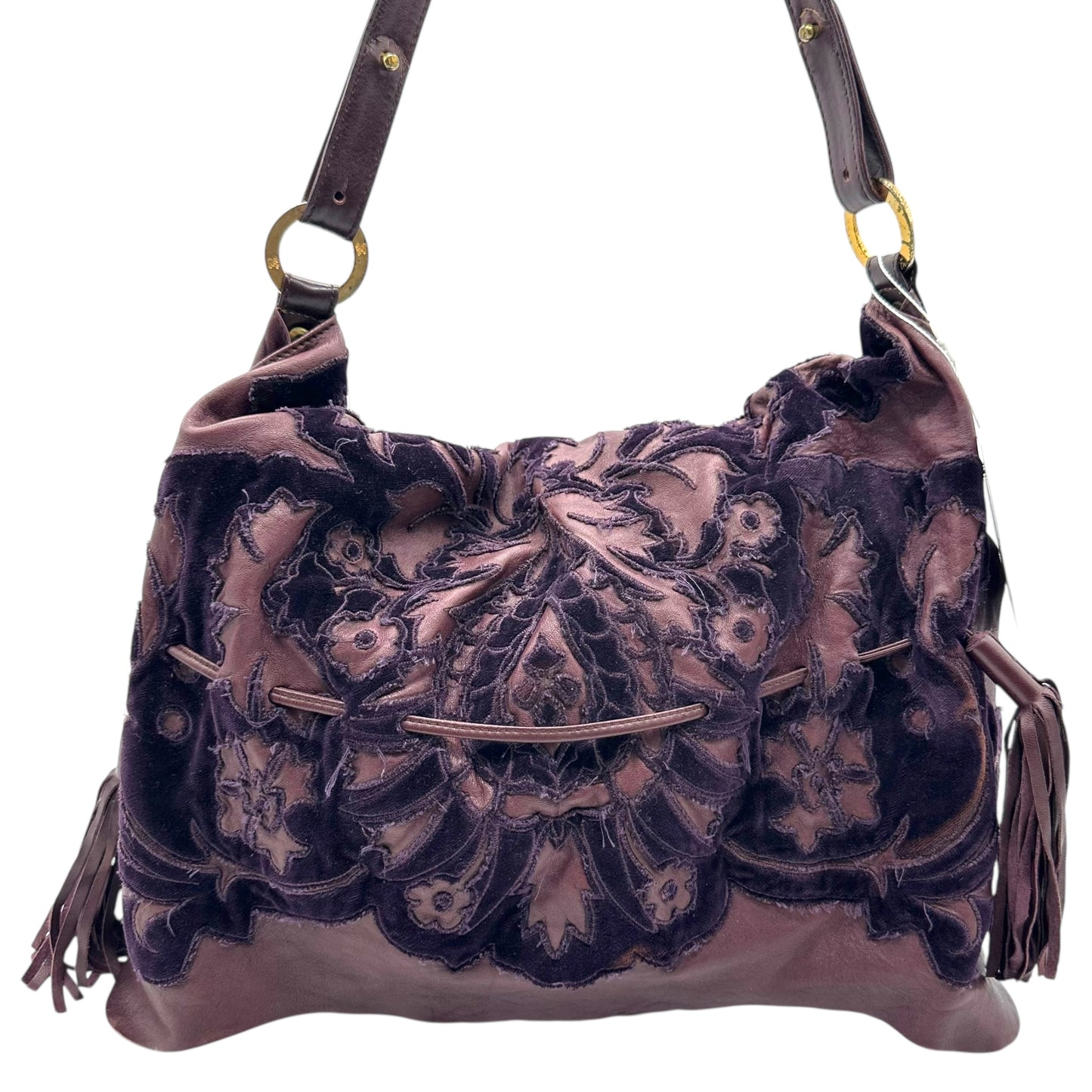 Just Cavalli Roberto Cavalli Burgundy Leather & Velvet Slouchy Shoulder Bag