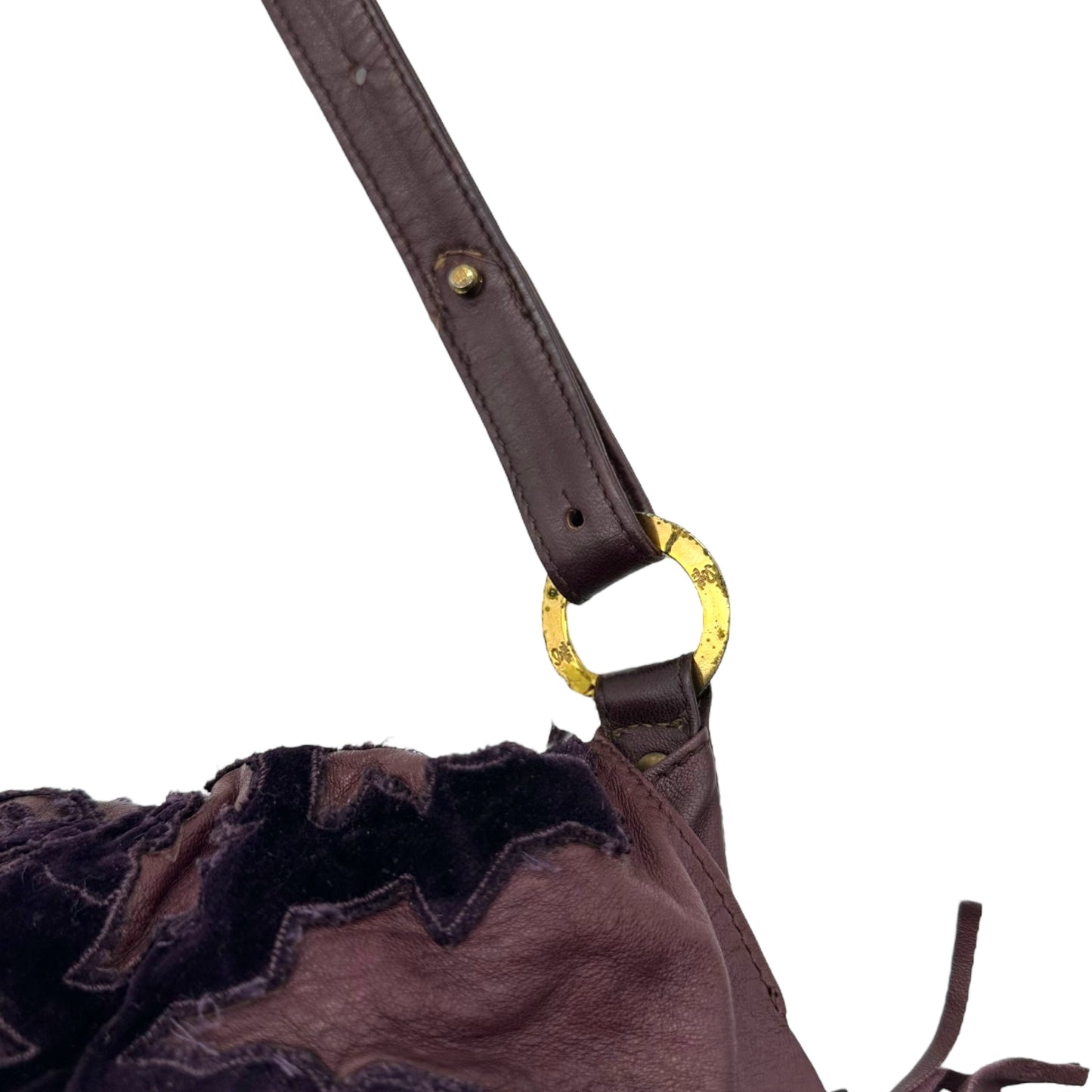 Just Cavalli Roberto Cavalli Burgundy Leather & Velvet Slouchy Shoulder Bag
