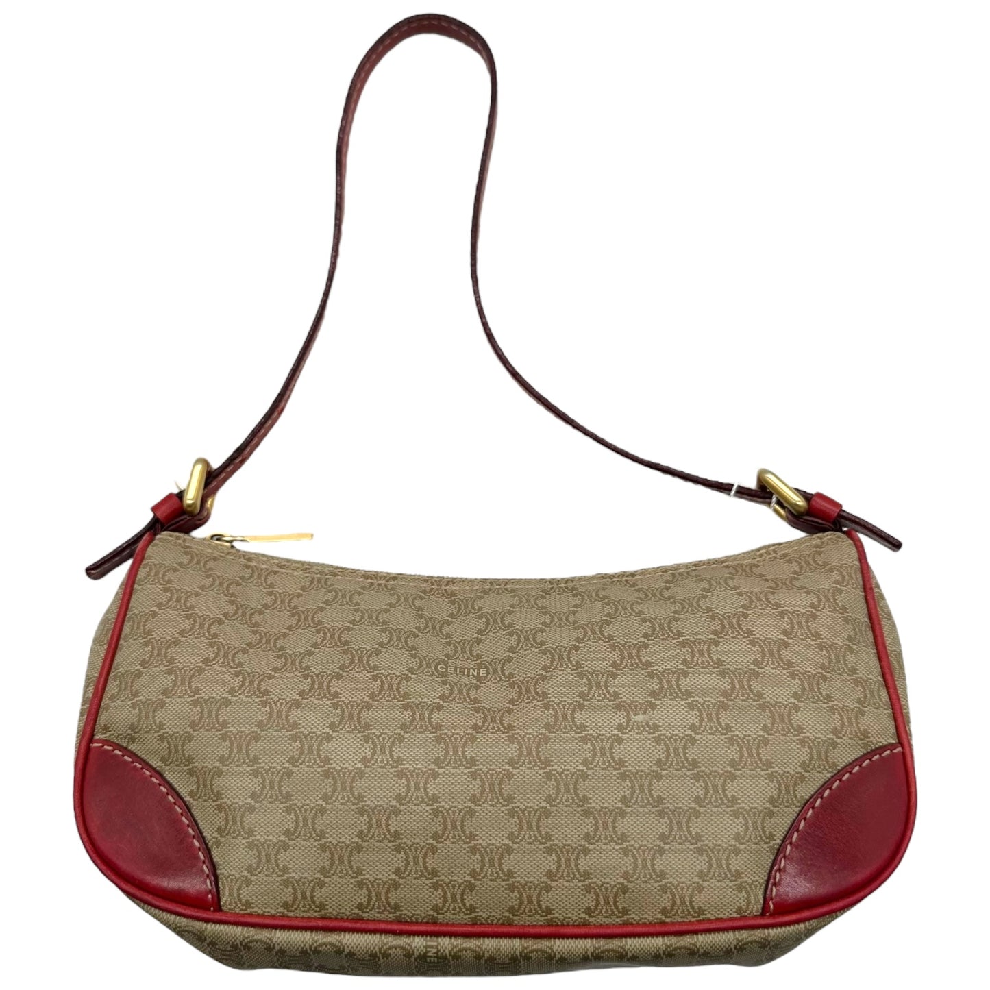 Celine Tan Triomphe Monogram & Red Leather Pochette Bag - Outfit Repeater